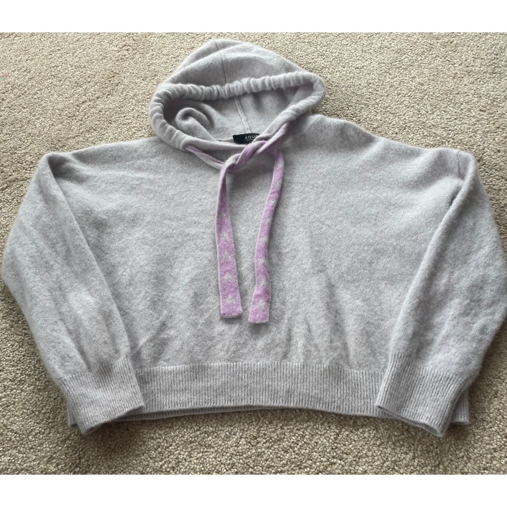 AQUA Cashmere Women Gray Knit Hoodie Purple Star Drawstring Crop Sweater Small